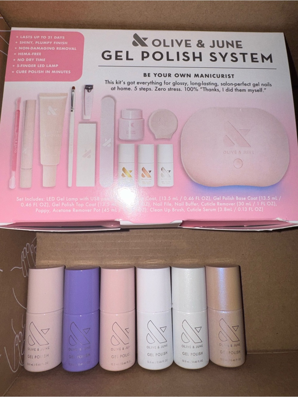 Olive & June Gel Polish System plus 6 full-size gel polish colors